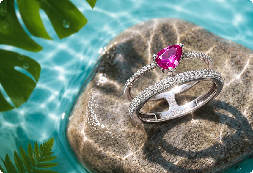 Diamond ring resting on rocks in turquoise water surrounded by tropical leaves
