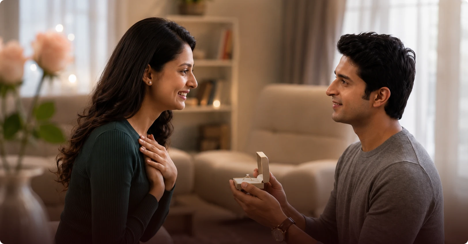 Couple sharing a joyful moment at home as a man presents a jewellery gift