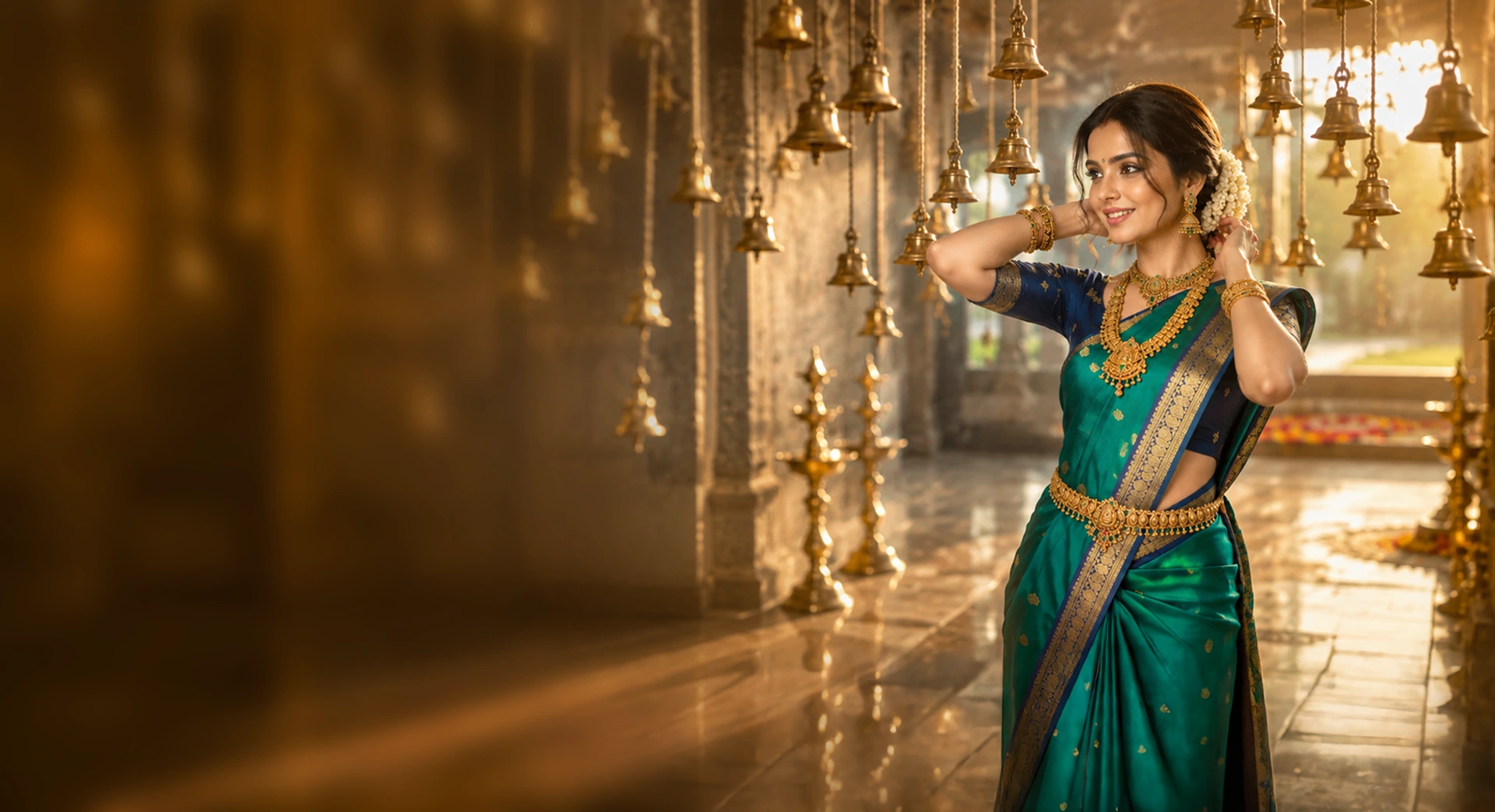 Woman in traditional green saree wearing gold jewellery beneath hanging temple bells